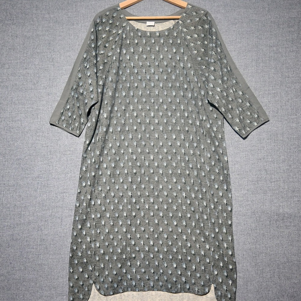 Poetry Tunic Dress Womens Hemp Cotton Ikat Print Relaxed Fit Size 10 Grey